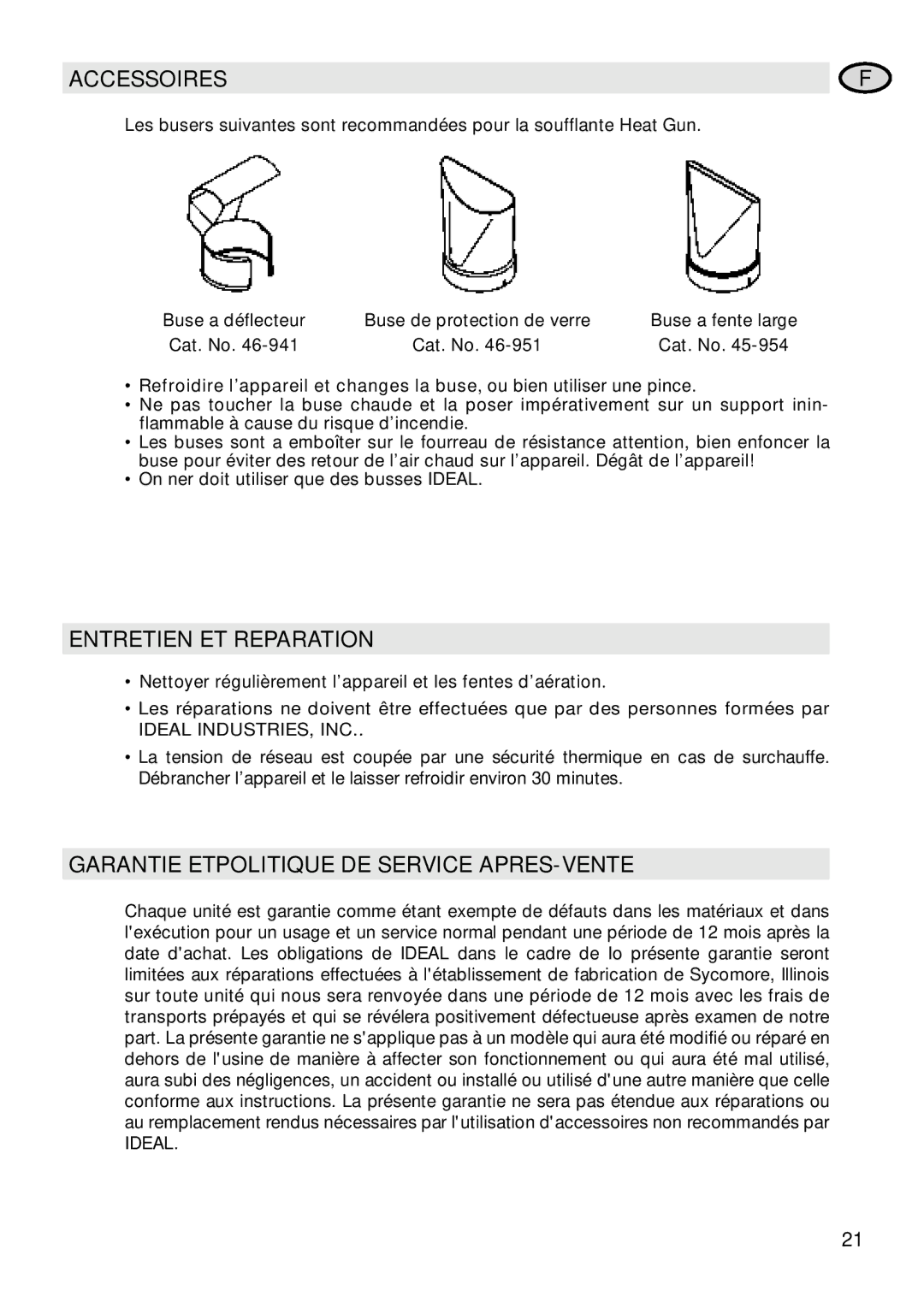 IDEAL INDUSTRIES Heat Gun manual Accessoires, Entretien ET Reparation, Garantie Etpolitique DE Service APRES-VENTE 