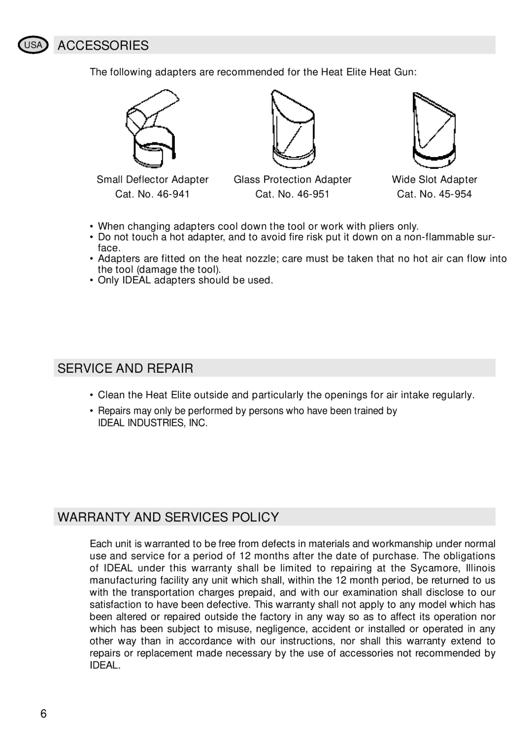 IDEAL INDUSTRIES Heat Gun manual USA Accessories, Service and Repair, Warranty and Services Policy 