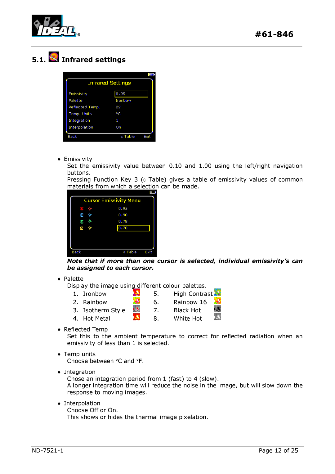 IDEAL INDUSTRIES HeatSeeker 160 instruction manual Infrared settings 