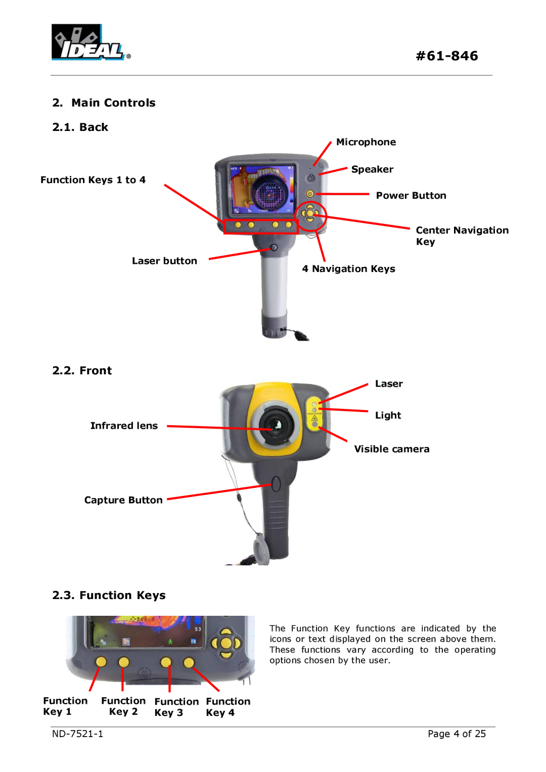 IDEAL INDUSTRIES HeatSeeker 160 instruction manual Main Controls Back, Front, Function Keys, Function Key ND-7521-1 