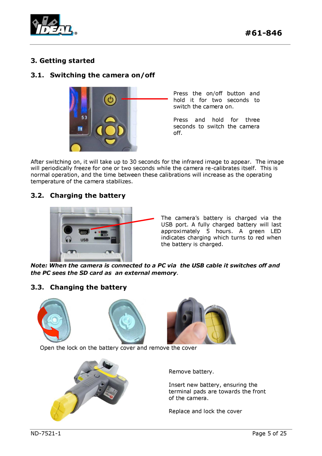 IDEAL INDUSTRIES HeatSeeker 160 Getting started Switching the camera on/off, Charging the battery, Changing the battery 