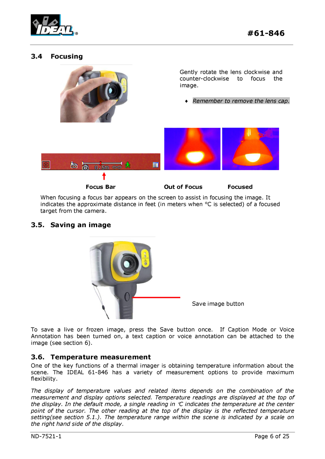 IDEAL INDUSTRIES HeatSeeker 160 Focusing, Saving an image, Temperature measurement, Focus Bar Out of Focus Focused 