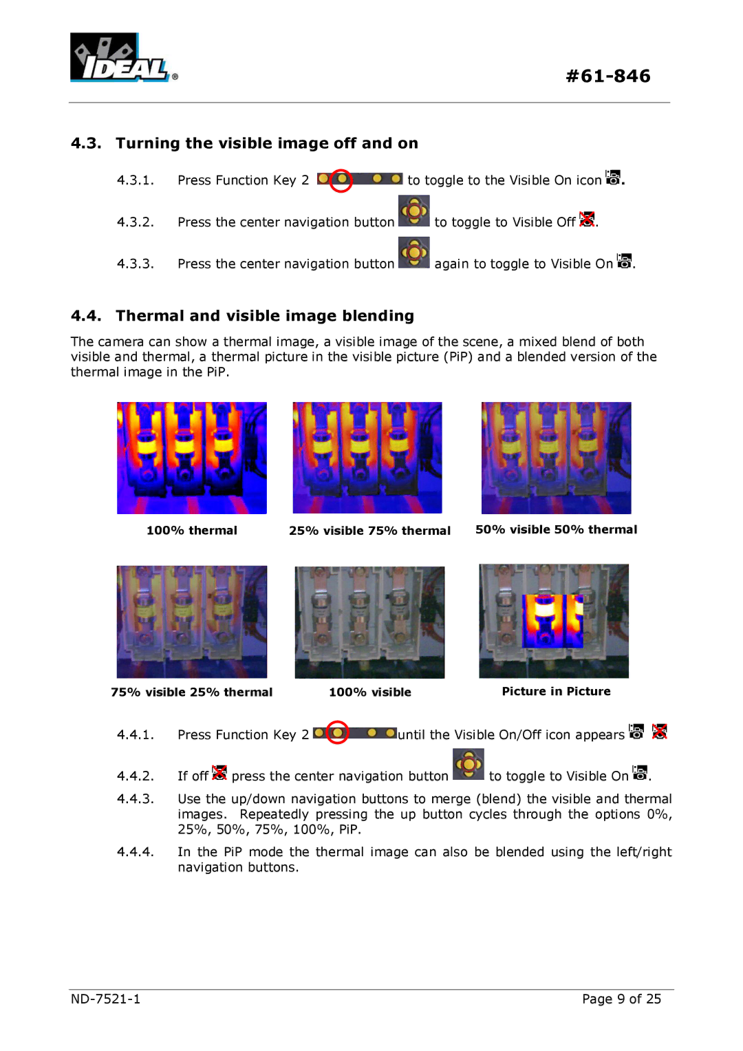 IDEAL INDUSTRIES HeatSeeker 160 instruction manual Turning the visible image off and on, Thermal and visible image blending 