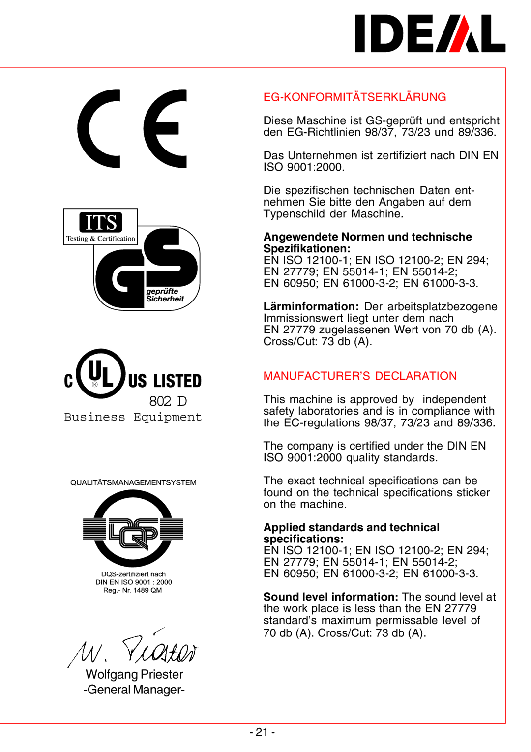 IDEAL INDUSTRIES 2350 Angewendete Normen und technische Spezifikationen, Applied standards and technical specifications 