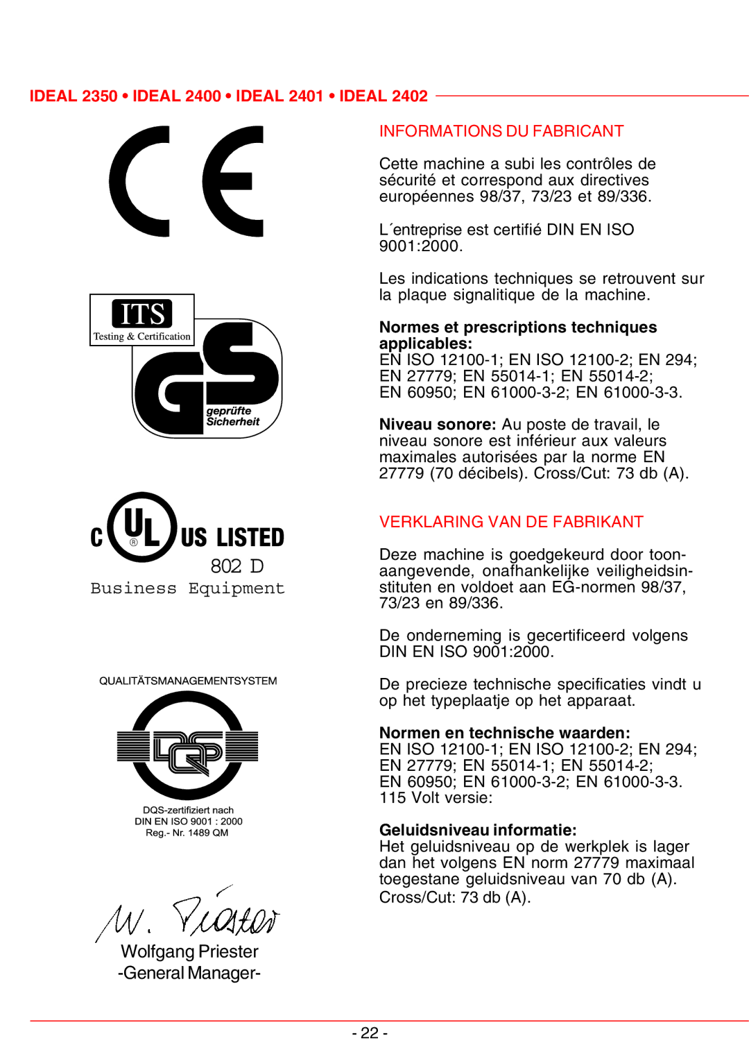 IDEAL INDUSTRIES IDEAL 2401, IDEAL 2350, 2402 Normes et prescriptions techniques applicables, Normen en technische waarden 