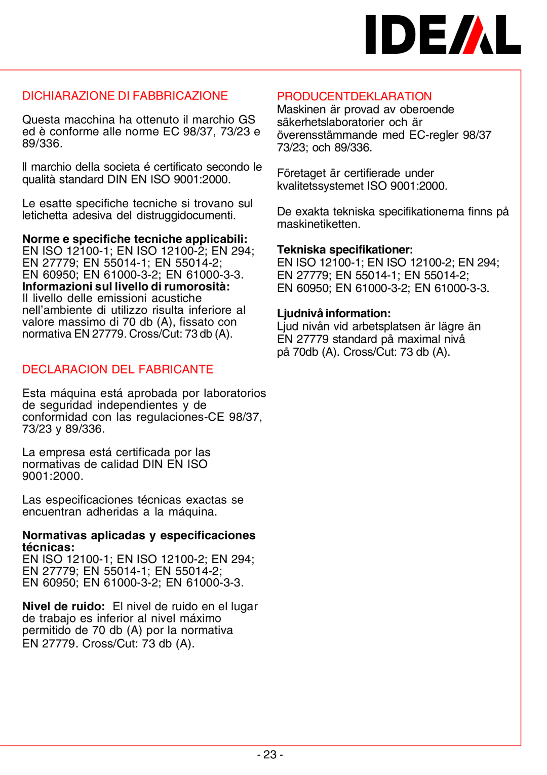 IDEAL INDUSTRIES 2400-Cross/Cut Norme e specifiche tecniche applicabili, Normativas aplicadas y especificaciones técnicas 