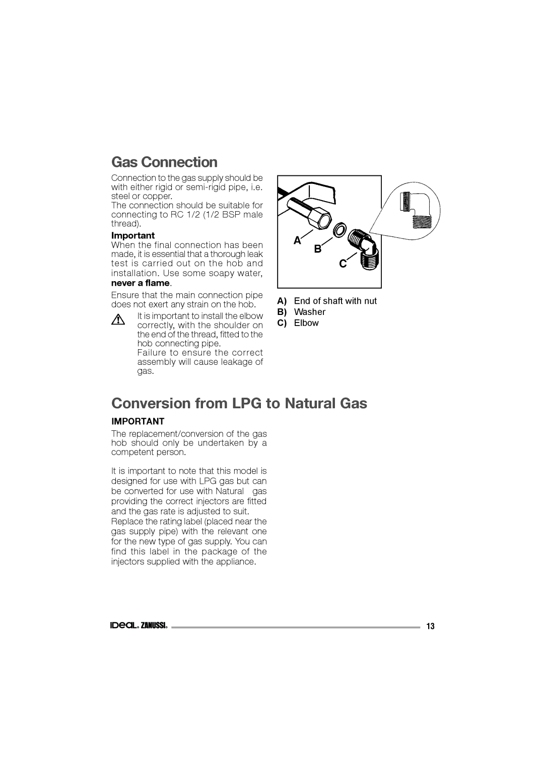 IDEAL INDUSTRIES IZGS 68 ICTX manual Gas Connection, Conversion from LPG to Natural Gas, Never a flame 