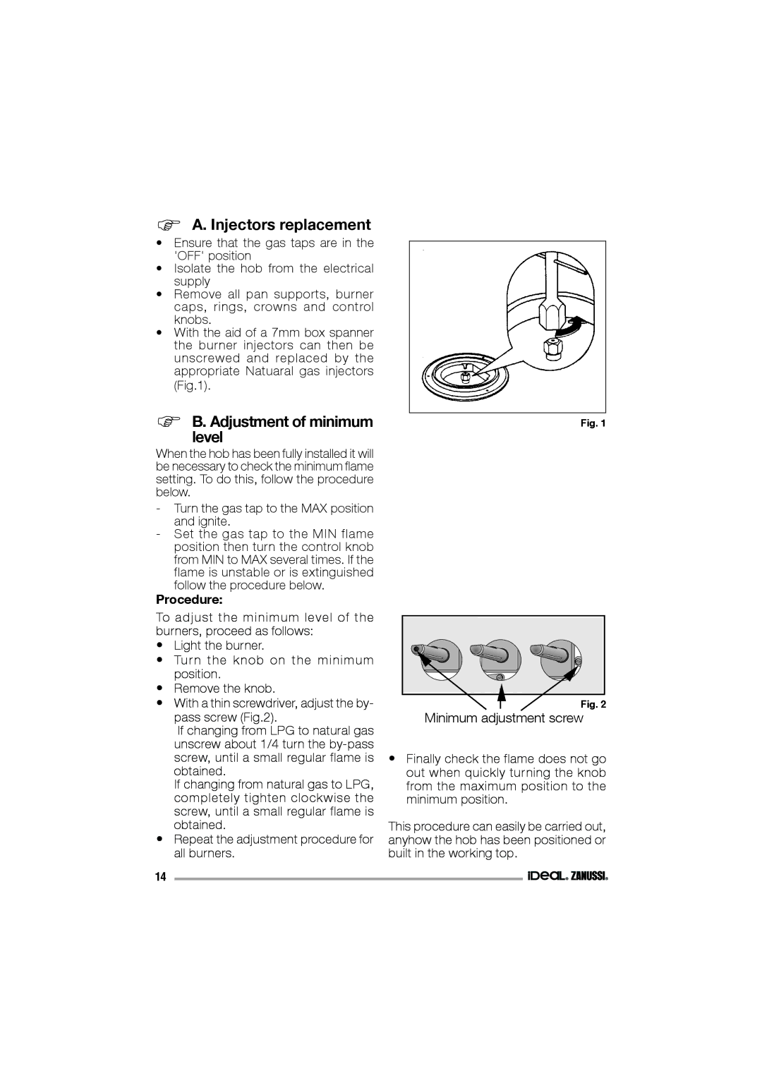 IDEAL INDUSTRIES IZGS 68 ICTX manual  A. Injectors replacement,  B.levelAdjustment of minimum, Procedure 