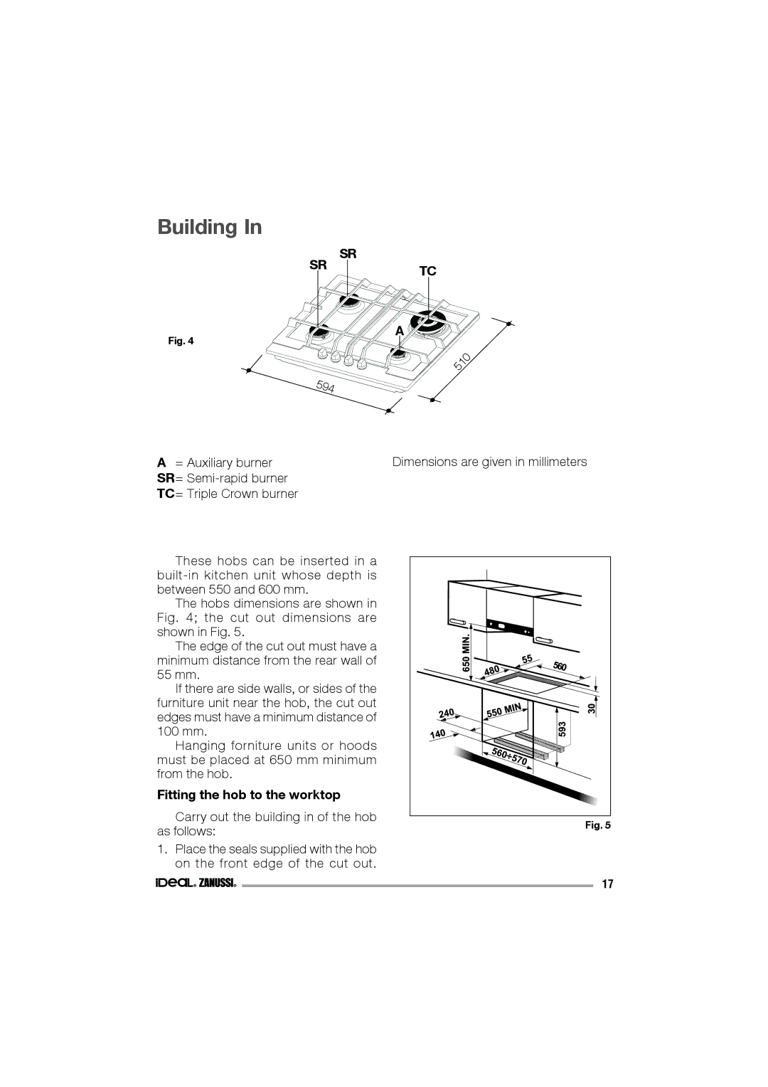 IDEAL INDUSTRIES IZGS 68 ICTX manual Building, Sr Tc, Fitting the hob to the worktop 