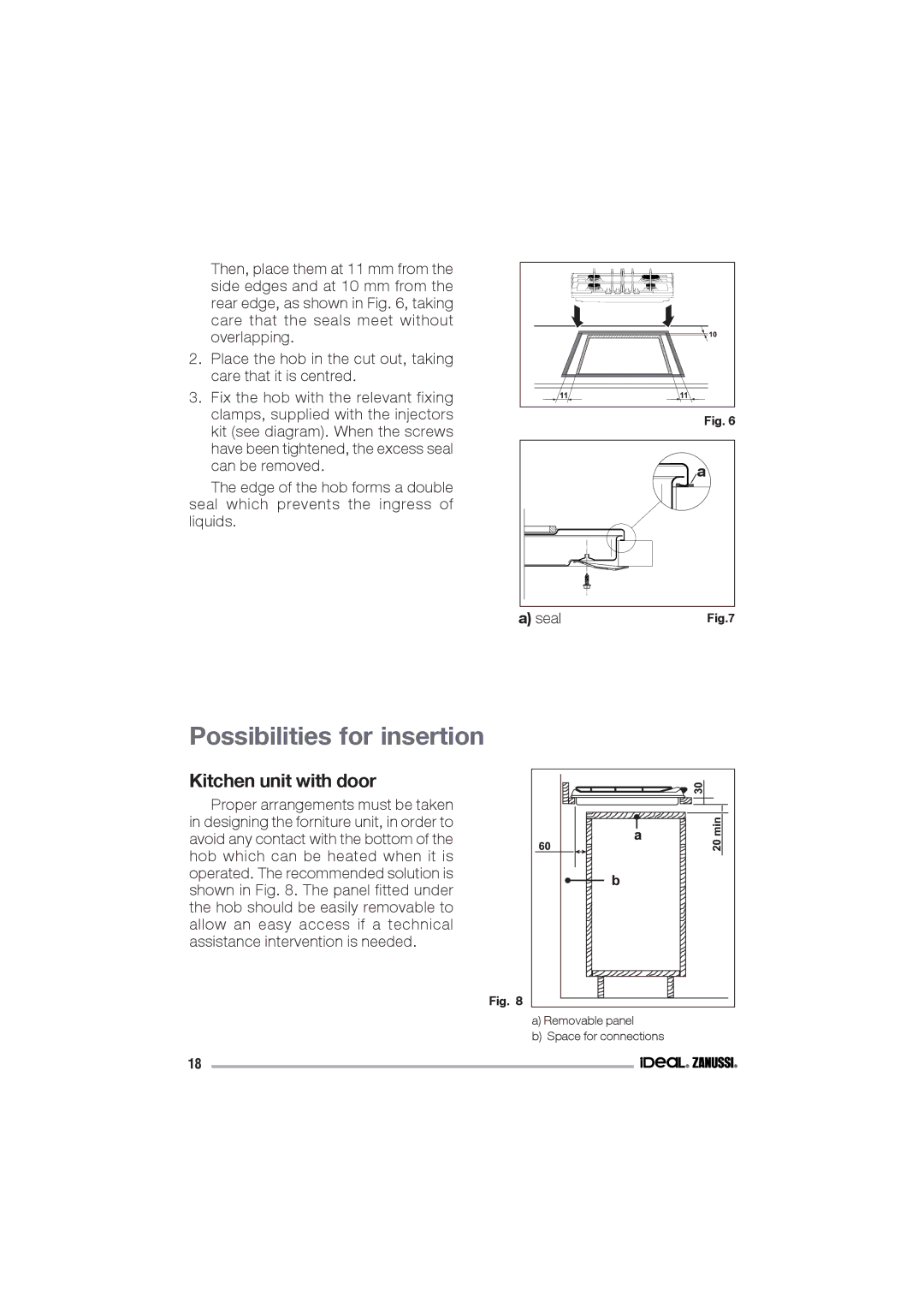 IDEAL INDUSTRIES IZGS 68 ICTX manual Possibilities for insertion, Kitchen unit with door, Seal 