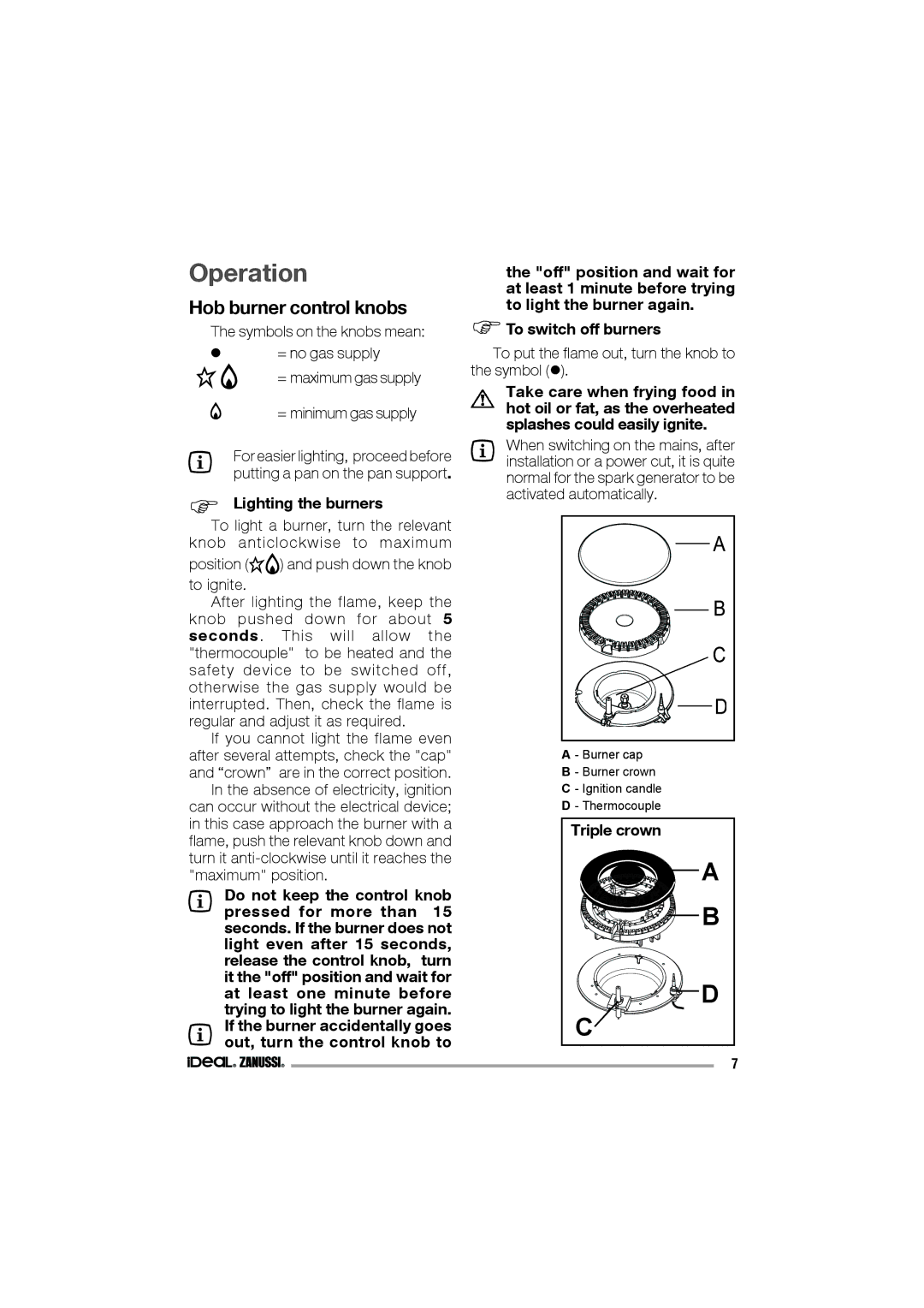 IDEAL INDUSTRIES IZGS 68 ICTX manual Operation, Hob burner control knobs,  Lighting the burners, Triple crown 