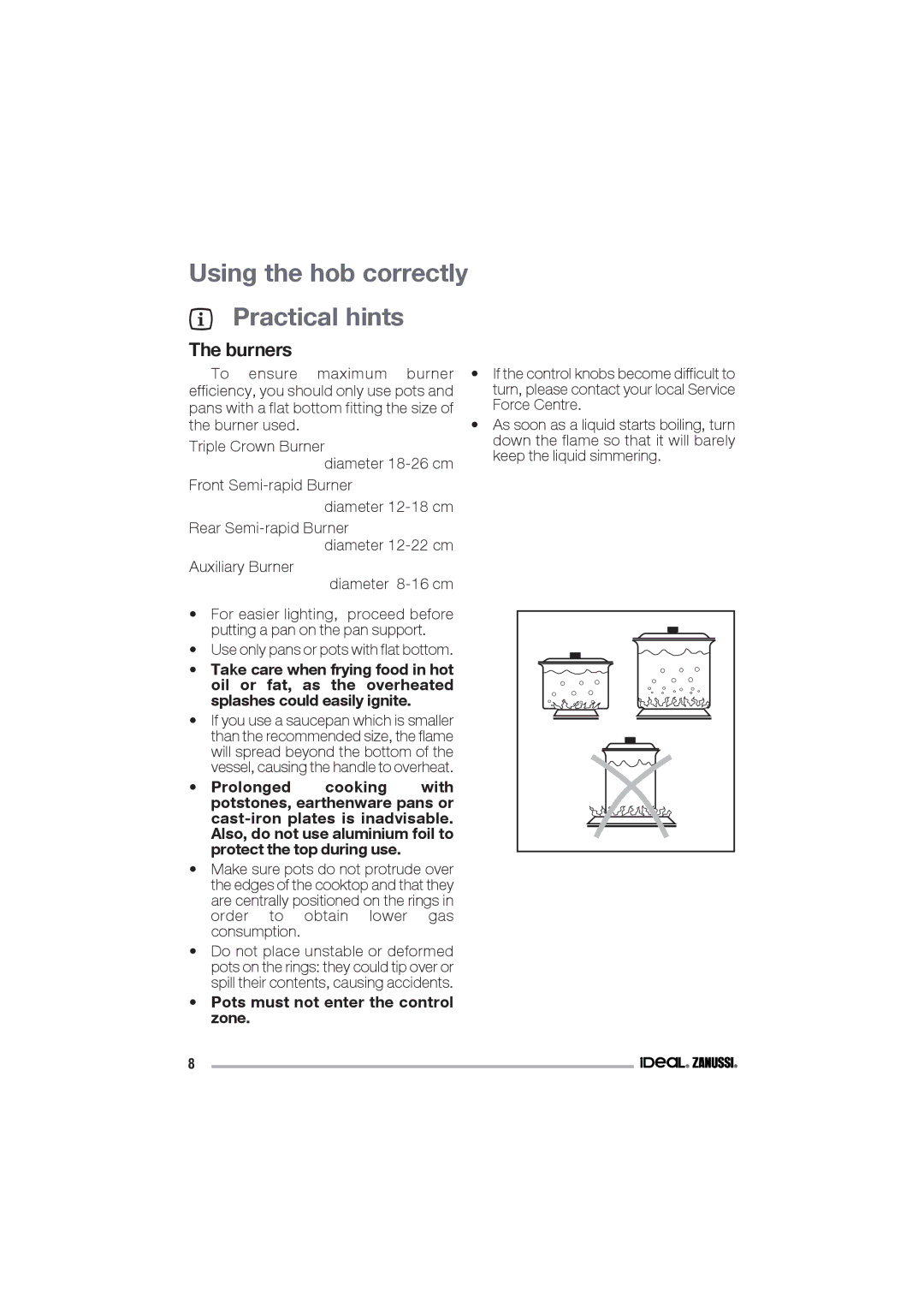 IDEAL INDUSTRIES IZGS 68 ICTX manual Using the hob correctly Practical hints, Burners, Pots must not enter the control zone 