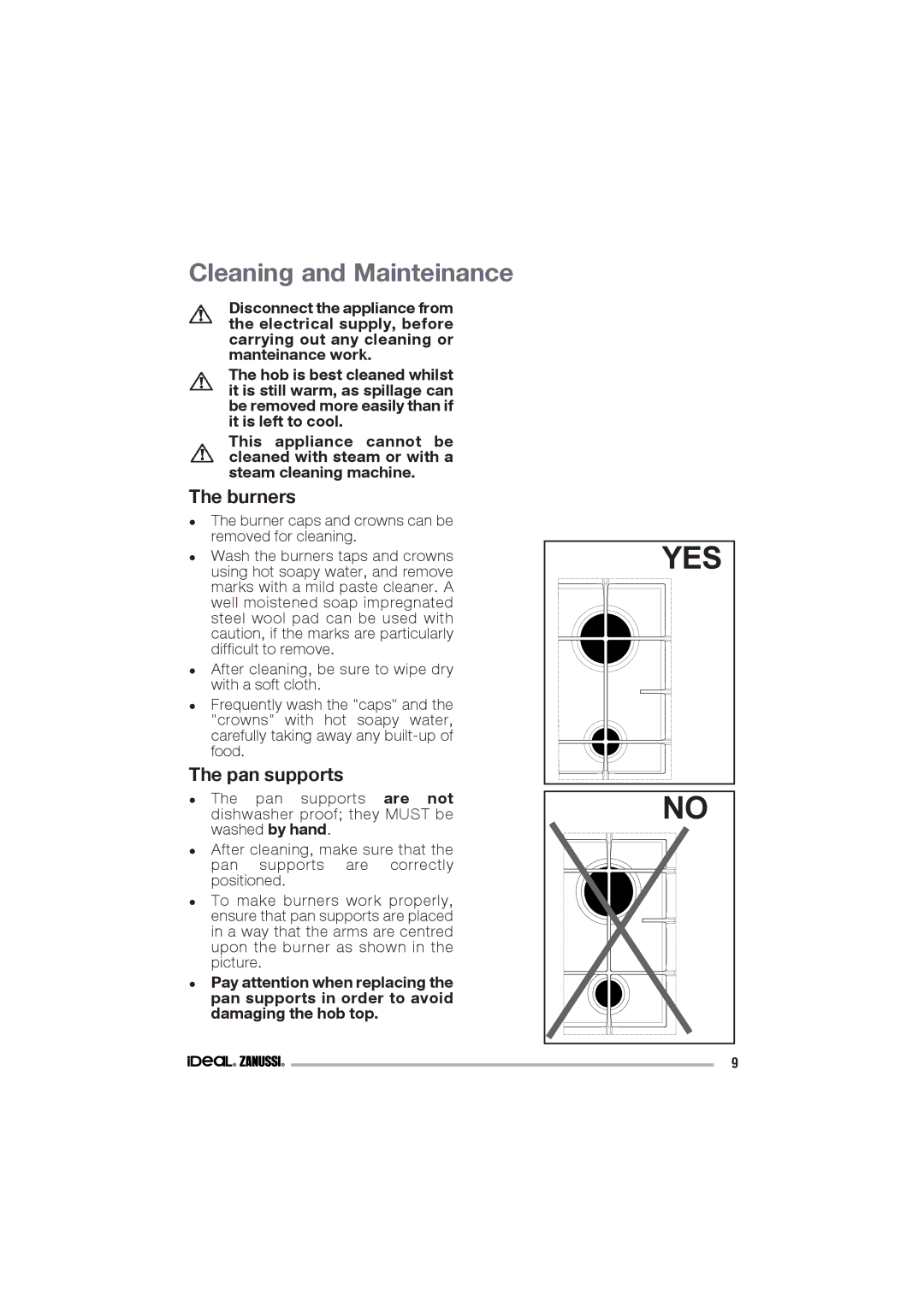 IDEAL INDUSTRIES IZGS 68 ICTX manual Cleaning and Mainteinance, Pan supports 