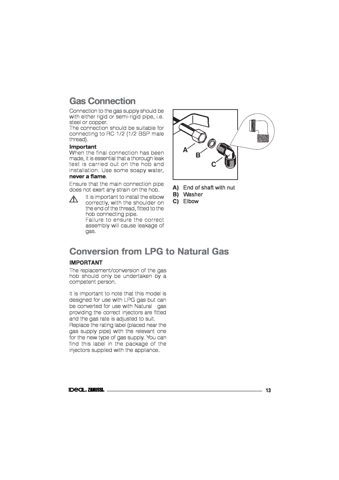 IDEAL INDUSTRIES IZGS 68 ICTX manual Gas Connection, Conversion from LPG to Natural Gas, never a flame 