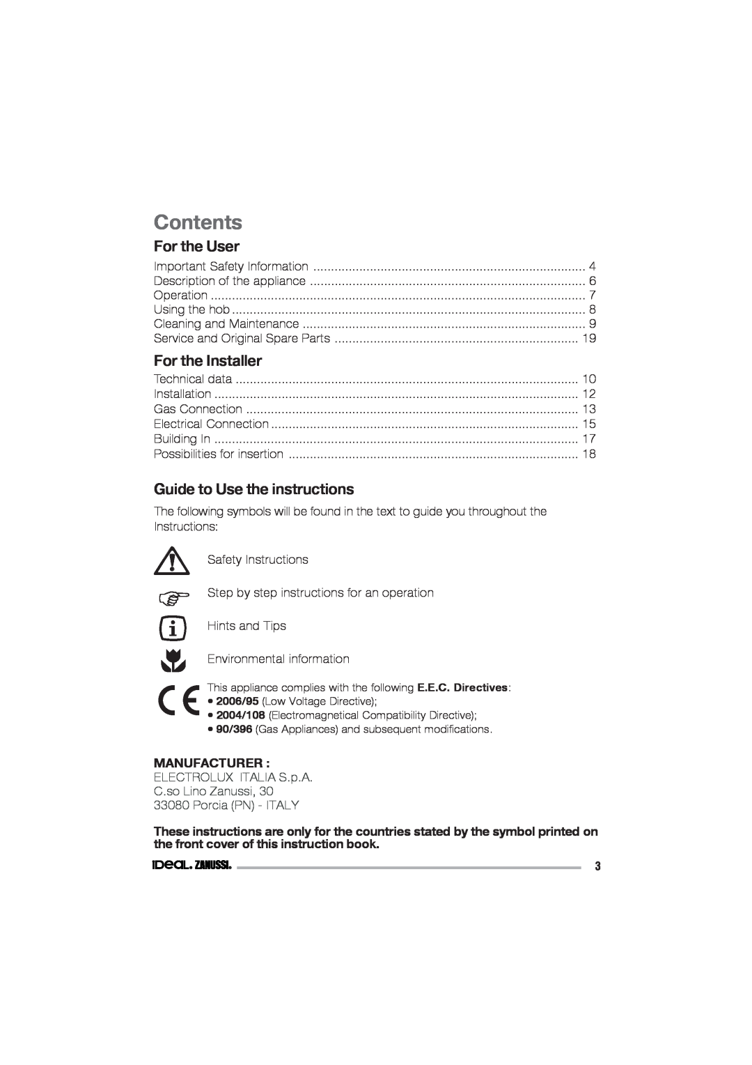 IDEAL INDUSTRIES IZGS 68 ICTX manual Contents, For the User, For the Installer, Guide to Use the instructions 