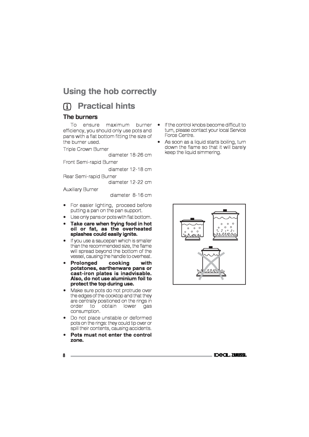 IDEAL INDUSTRIES IZGS 68 ICTX manual Using the hob correctly Practical hints, The burners 