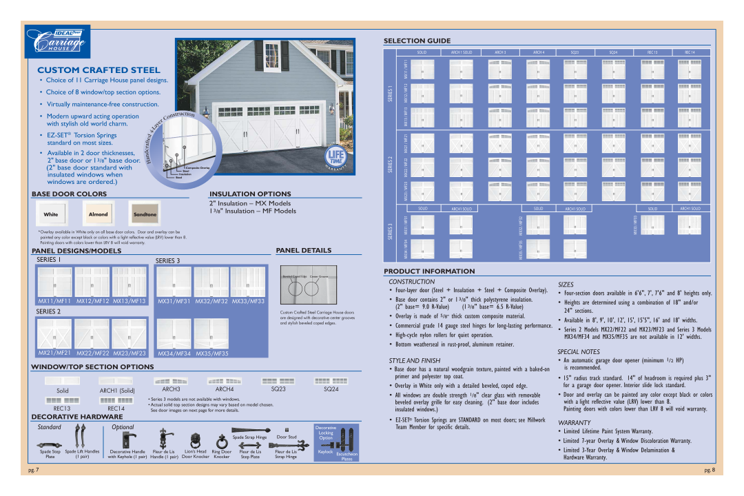 IDEAL INDUSTRIES MF23, MX Choice of 11 Carriage House panel designs, Choice of 8 window/top section options, Construction 
