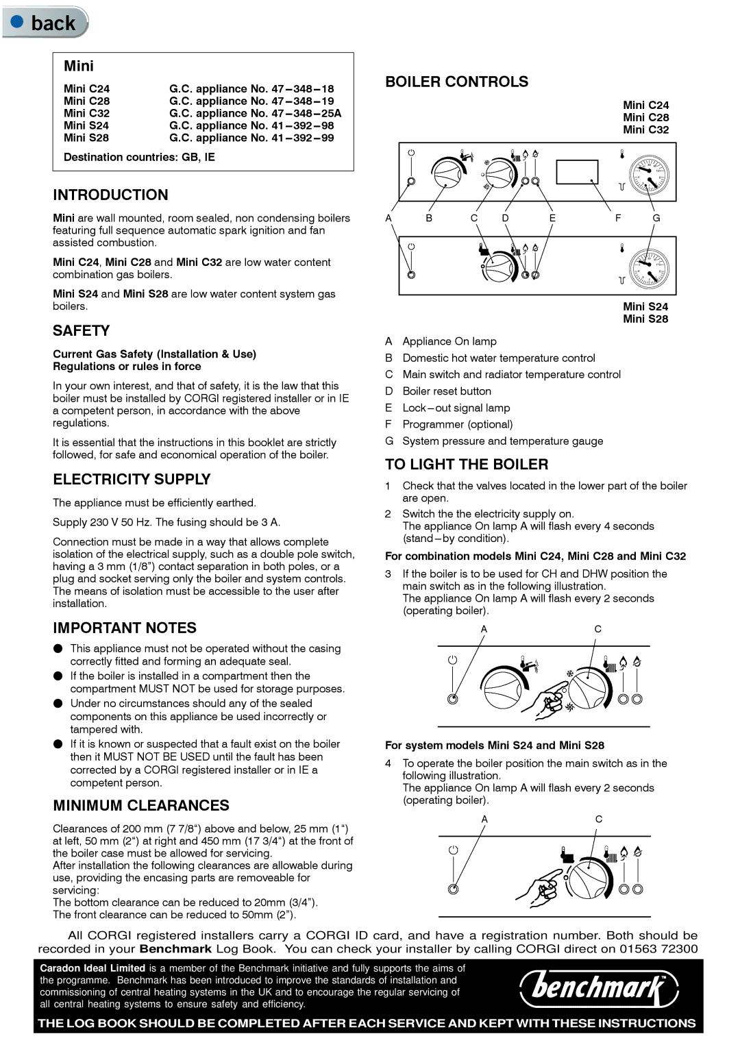 IDEAL INDUSTRIES C24, S28 Introduction, Safety, Electricity Supply, Important Notes Boiler Controls, To Light the Boiler 