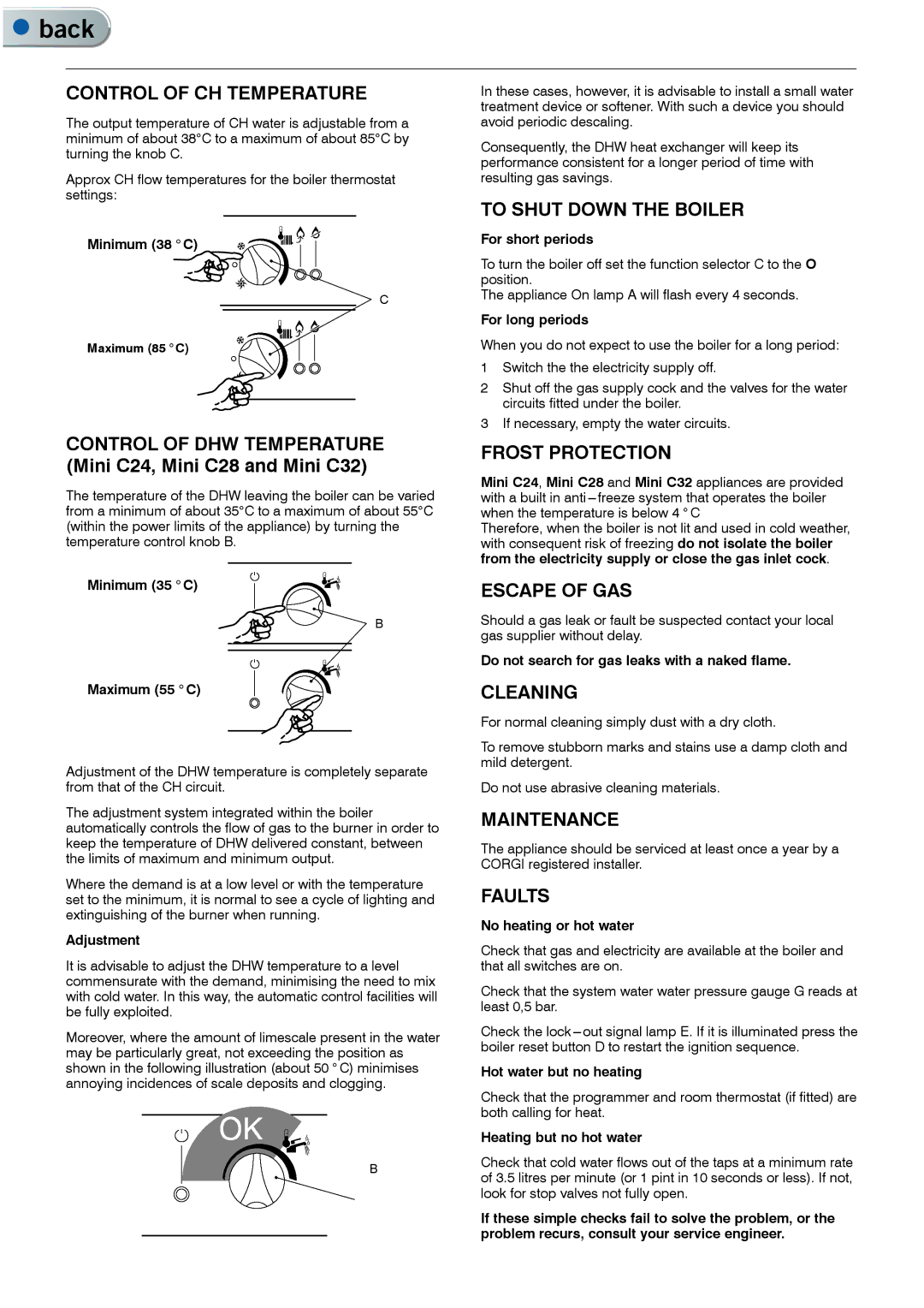 IDEAL INDUSTRIES C28 Control of CH Temperature, To Shut Down the Boiler, Frost Protection, Escape of GAS, Cleaning, Faults 