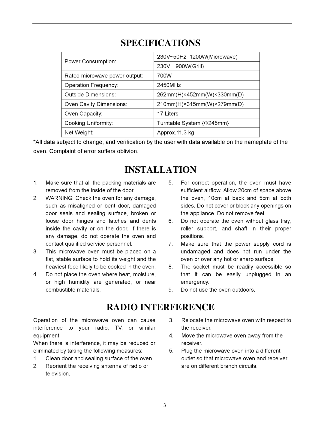 IFB Appliances 17PG1S owner manual Specifications, Installation, Radio Interference 