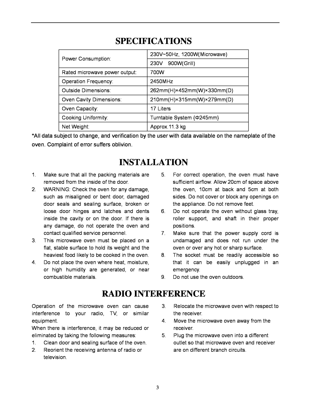IFB Appliances 17PG1S owner manual Specifications, Installation, Radio Interference 