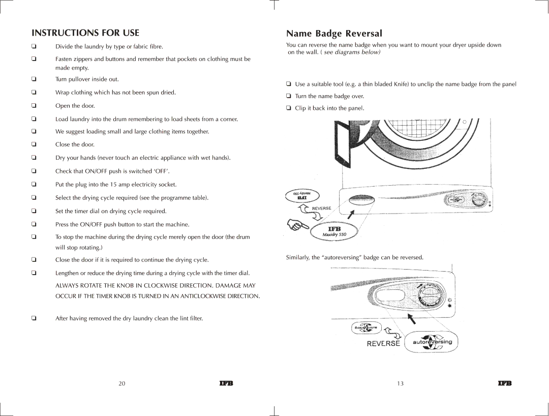 IFB Appliances 550 manual 