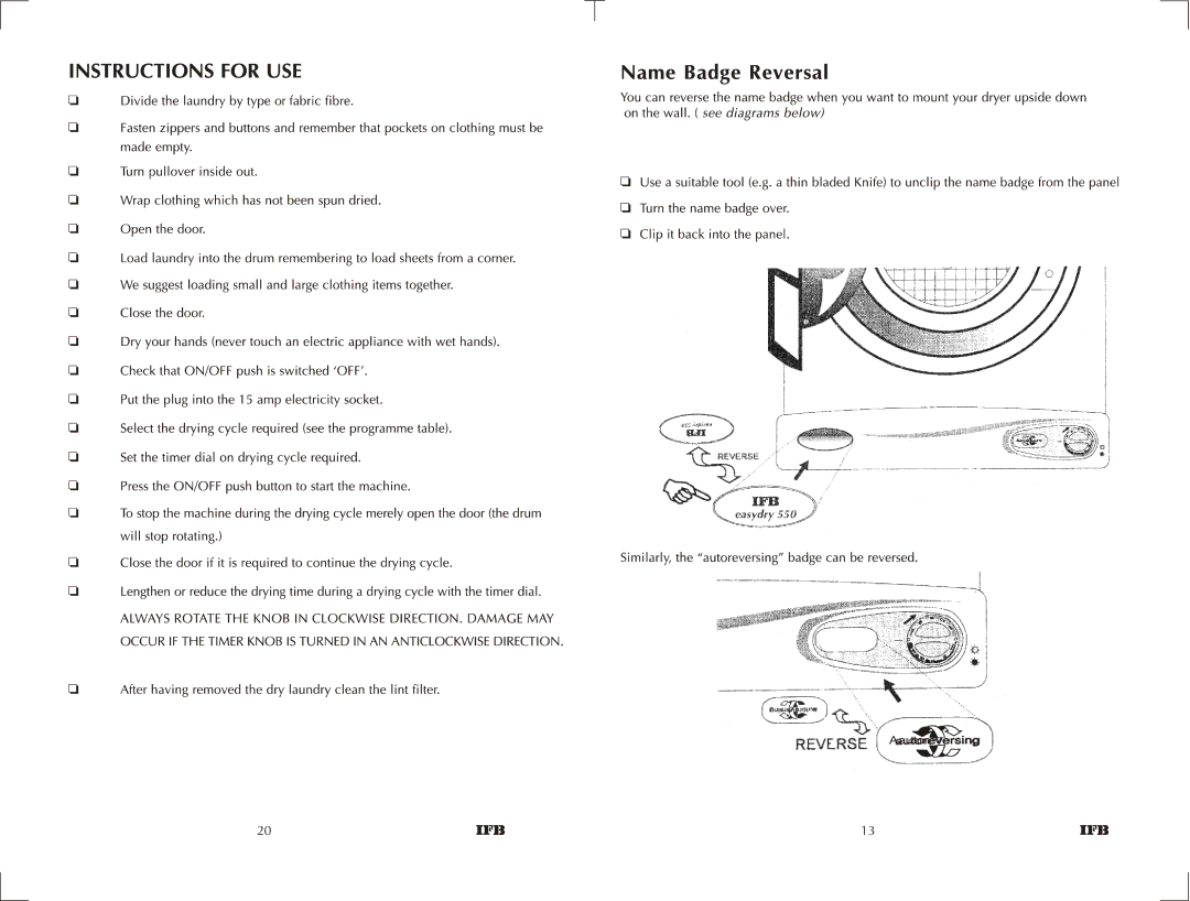 IFB Appliances 550 manual Aautoreversing 