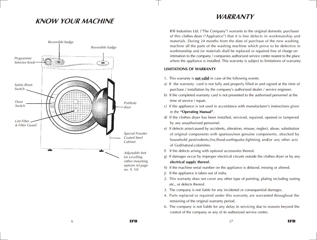 IFB Appliances 550 manual Programme Selector Knob Safety Reset Switch 