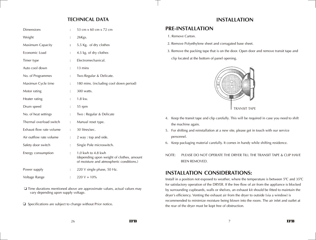 IFB Appliances 550 manual Transit Tape 