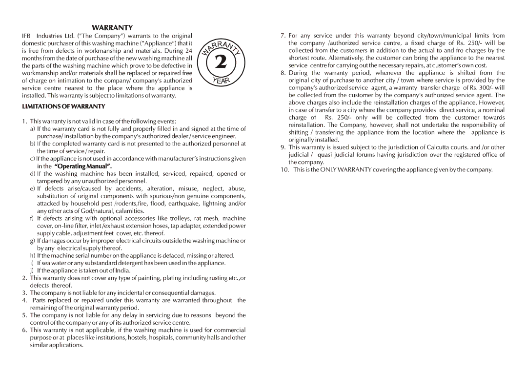 IFB Appliances AW60-806 operation manual 