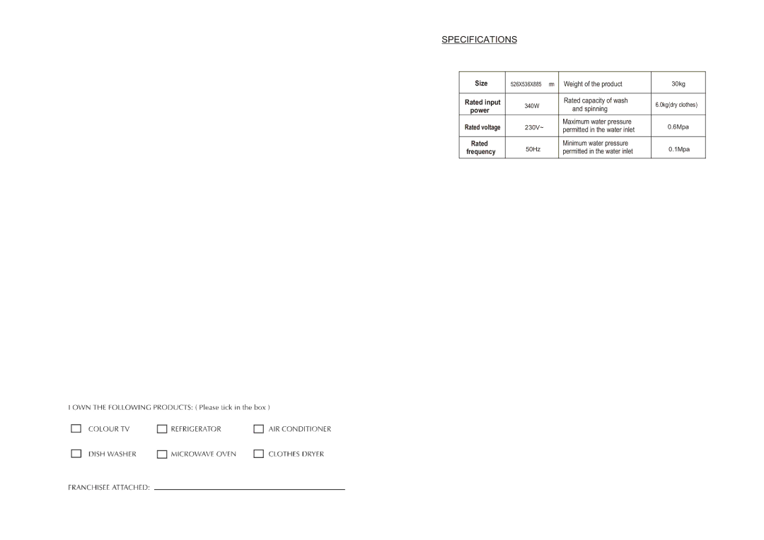 IFB Appliances AW60-806 operation manual Specifications, Rated voltage, Rated Frequency 50Hz, Rated input power 