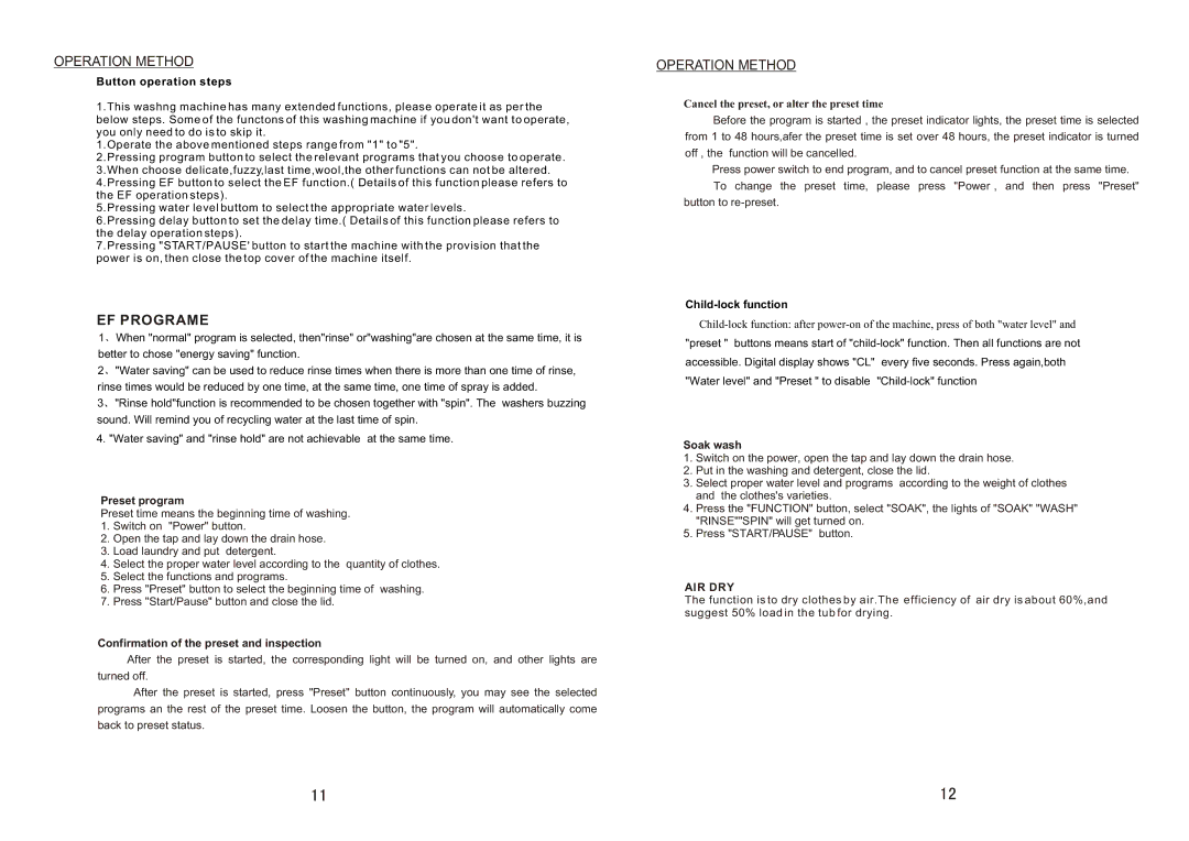 IFB Appliances AW60-806 Operation Method, Preset program, Confirmation of the preset and inspection, Soak wash 