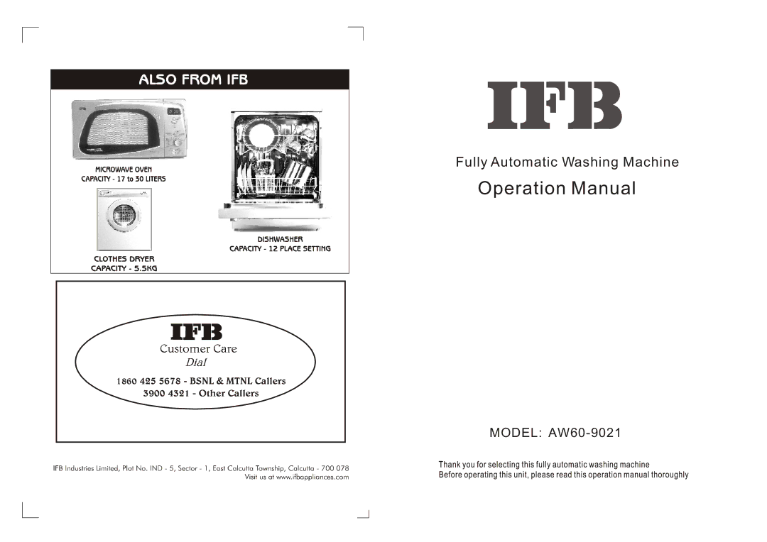 IFB Appliances AW60-9021 operation manual Fully Automatic Washing Machine 