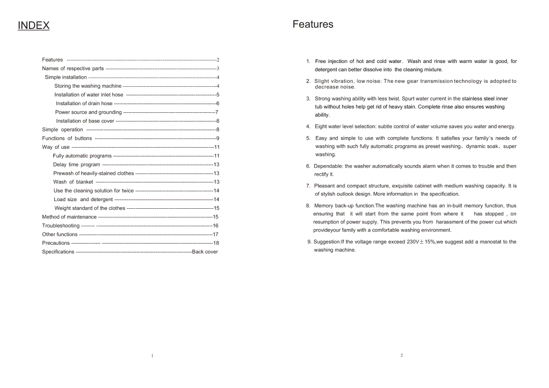 IFB Appliances AW60-9021 operation manual Index, Features 