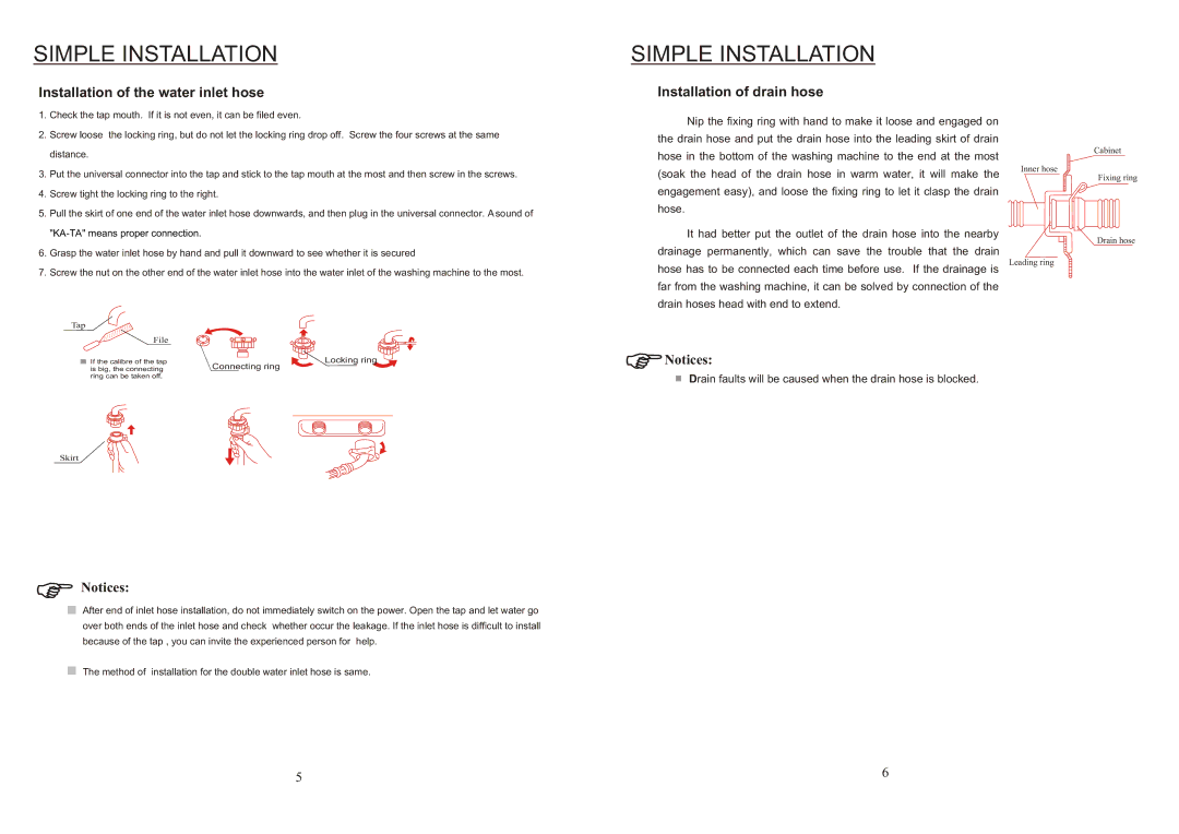 IFB Appliances AW60-9021 Simple Installation, Installation of the water inlet hose, Installation of drain hose 