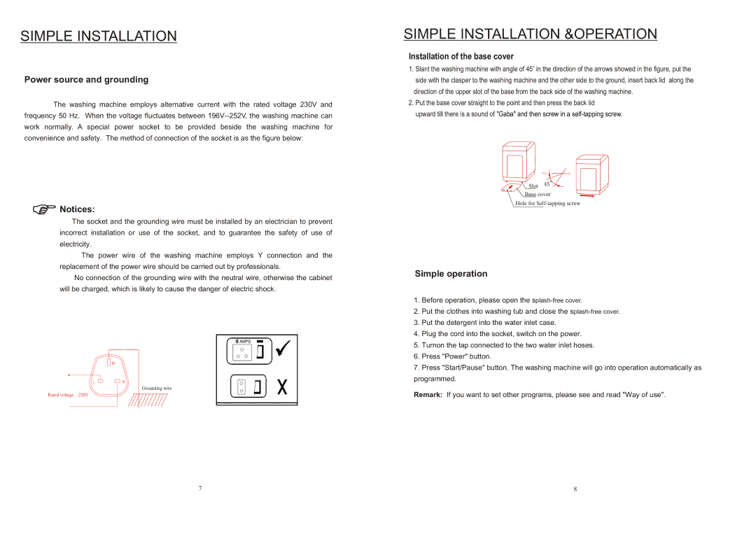 IFB Appliances AW60-9021 Simple Installation &OPERATION, Power source and grounding, Installation of the base cover 