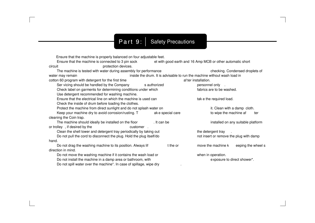 IFB Appliances Digital 7kg manual Safety Precautions 