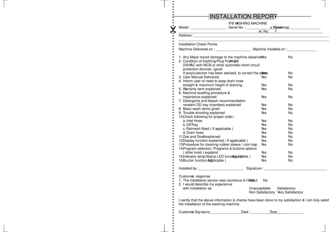 IFB Appliances Digital 7kg manual Installation Report 