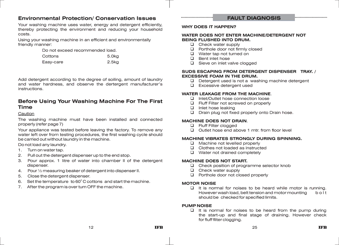 IFB Appliances ELENA EX manual Environmental Protection/ Conservation Issues, Fault Diagnosis 