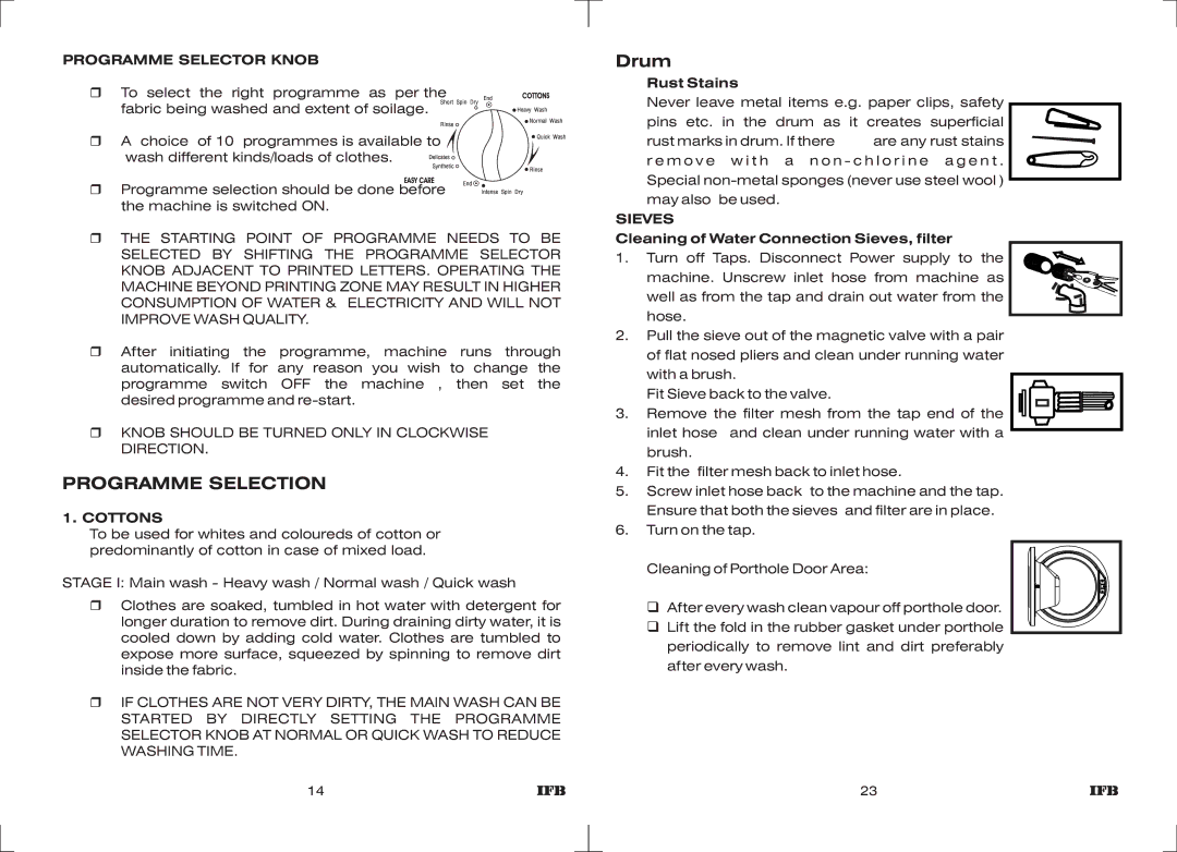 IFB Appliances ELENA EX manual Programme Selection, Drum, Programme Selector Knob, Cottons, Sieves 