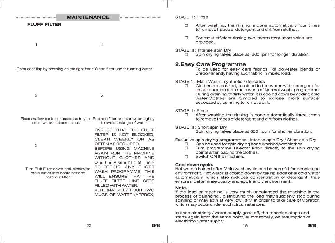 IFB Appliances ELENA EX manual Maintenance, Easy Care Programme, Cool down cycle 
