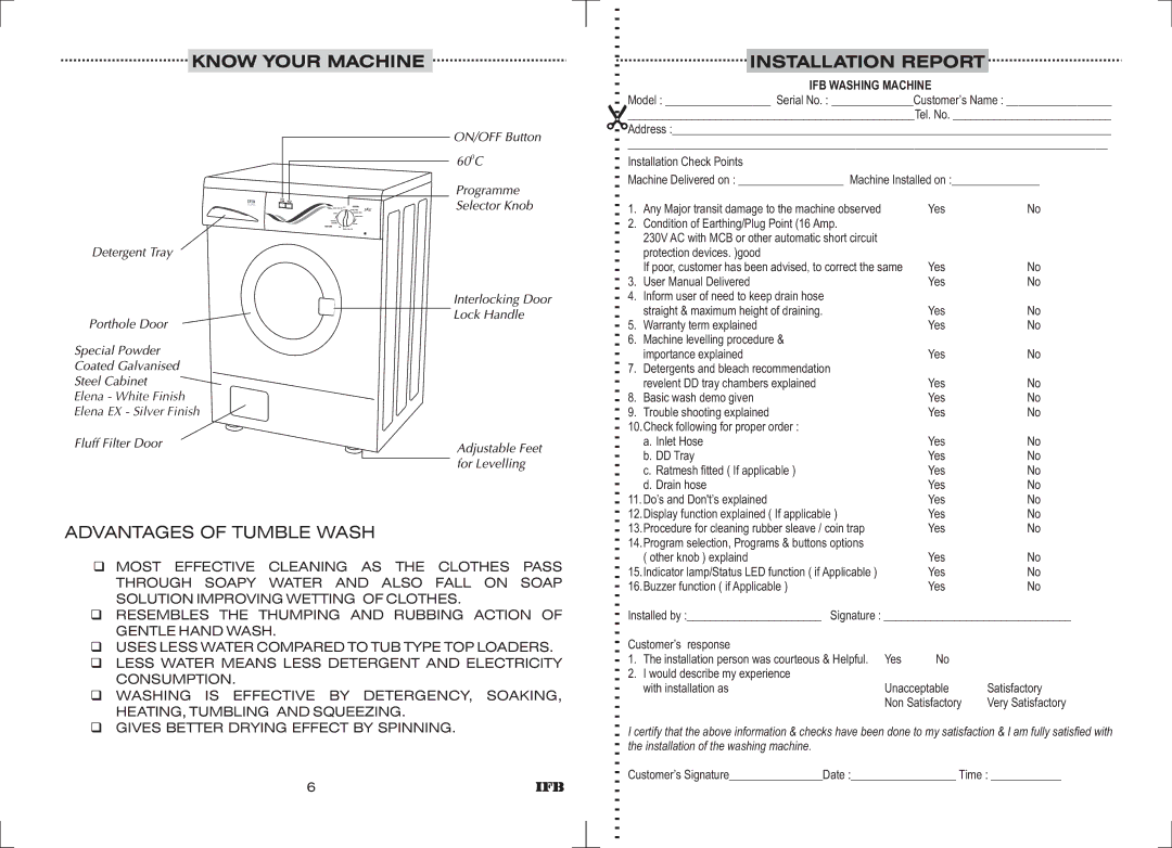 IFB Appliances ELENA EX manual Know Your Machine, Installation Report 