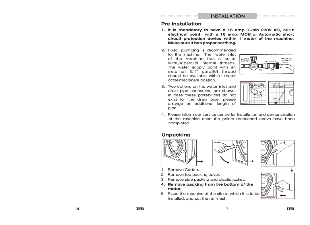 IFB Appliances ELENA EX manual Pre Installation, Unpacking, Remove packing from the bottom Motor 