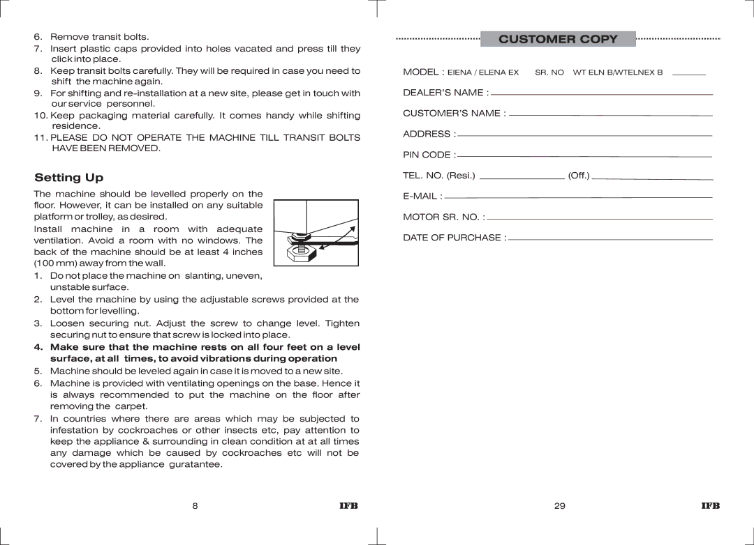 IFB Appliances ELENA EX manual Setting Up, Customer Copy 