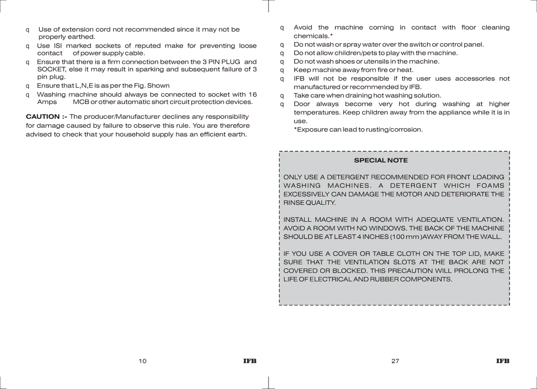 IFB Appliances ELENA EX manual Special Note 