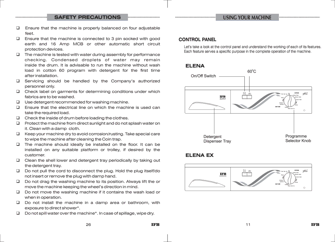 IFB Appliances ELENA EX manual Safety Precautions, Control Panel, Elena Elena EX 