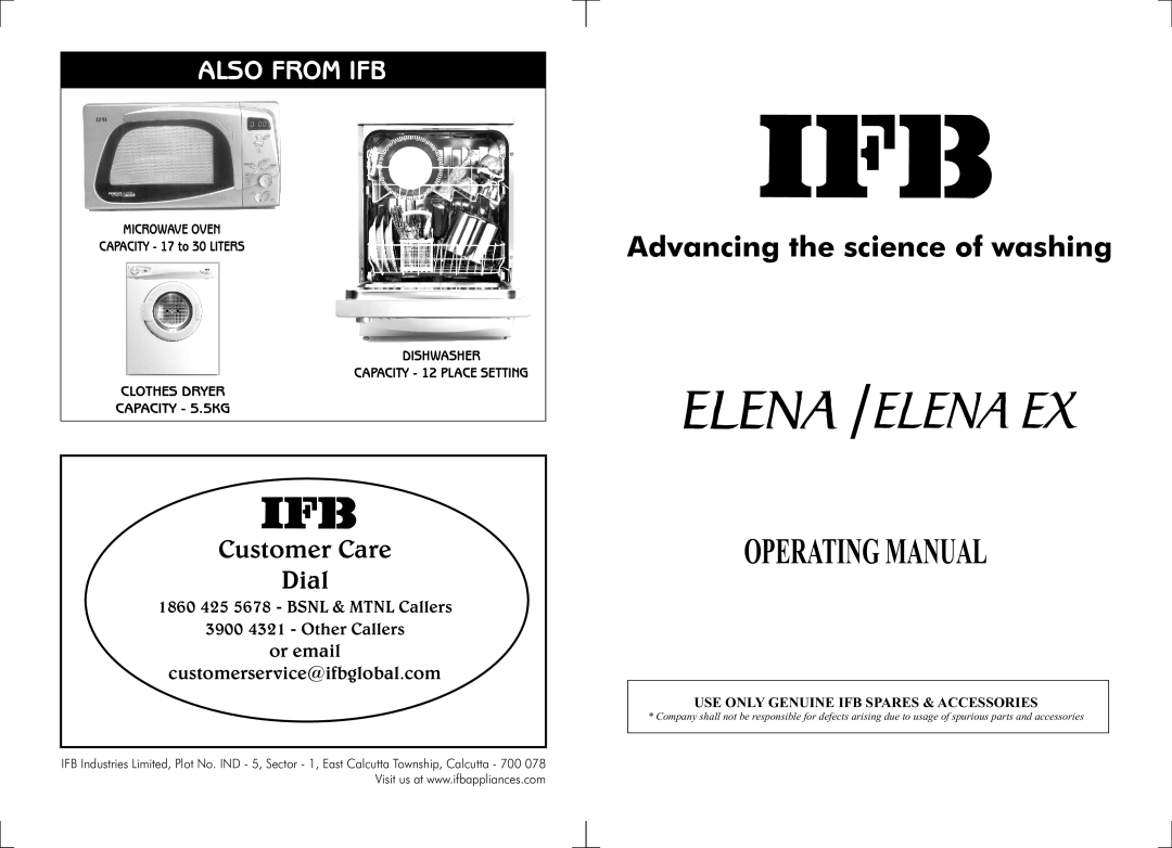 IFB Appliances ELENA EX manual Elena Ex, Operating Manual, Advancing the science of washing, Also From Ifb 