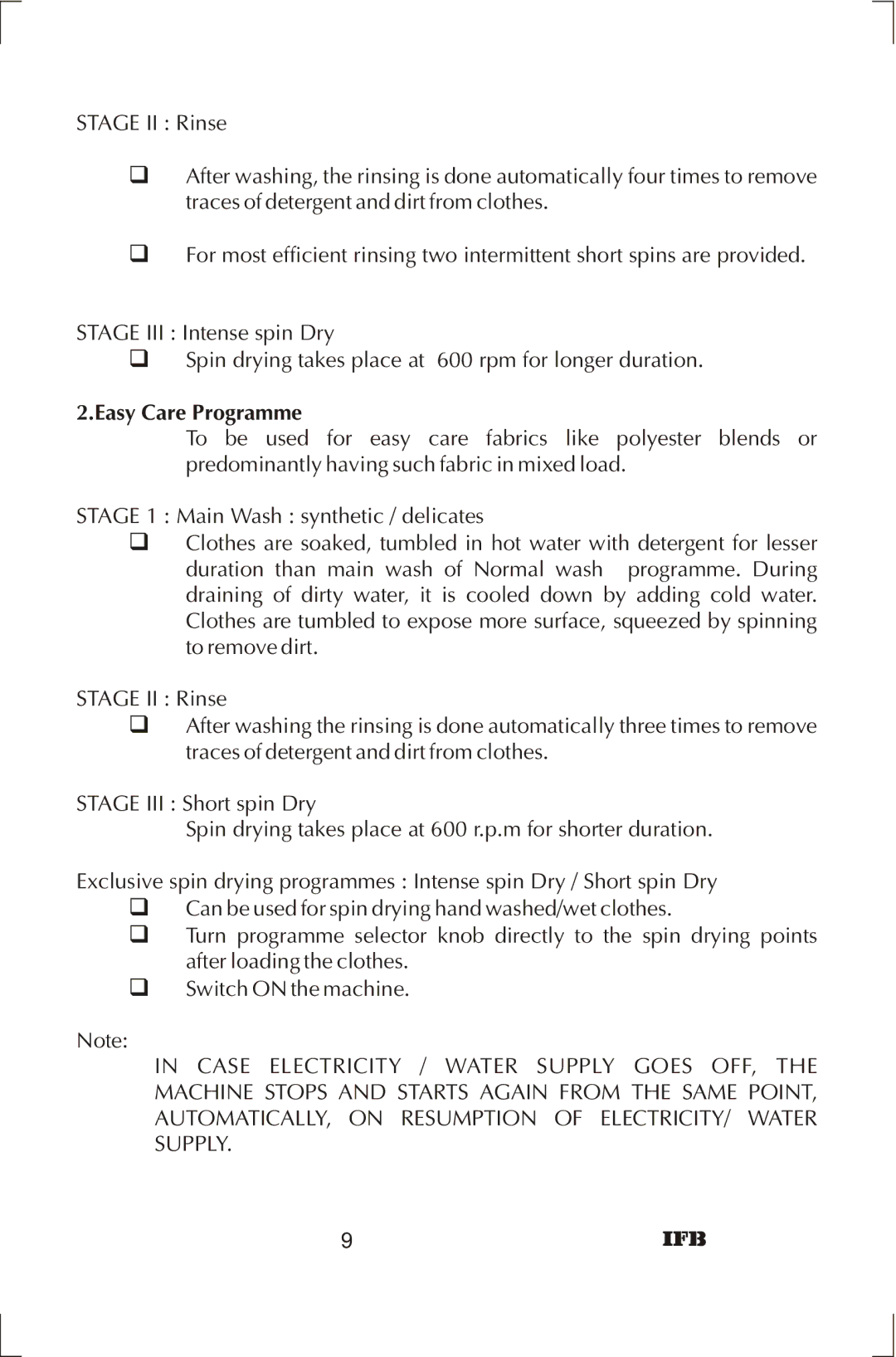 IFB Appliances ELENA manual Easy Care Programme 