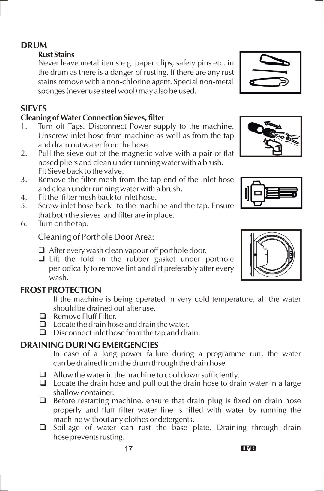 IFB Appliances ELENA manual Drum, Sieves, Frost Protection, Draining During Emergencies 