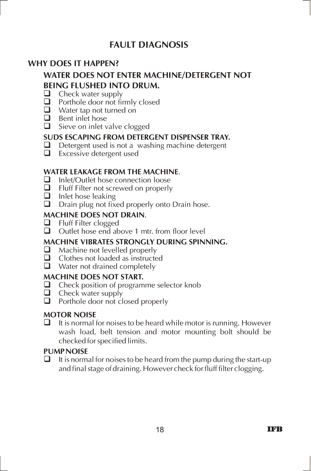 IFB Appliances ELENA manual Fault Diagnosis 